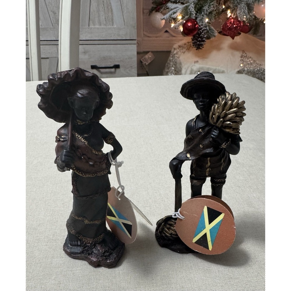 Jamaican Figurines Pair One Love Folk Art Resin Statues w/ Tags Reggae Decor